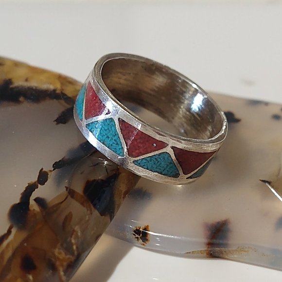 Turquoise Coral Chip Inlay Native American Sterling Silver Ring Size: 3 - Picture 1 of 10